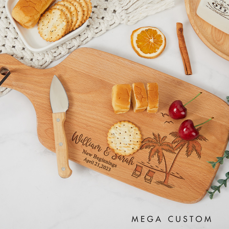 Personalized Beach Palm Tree Wooden Cutting Board with Custom Names Date and New Beginnings for Housewarming Gifts