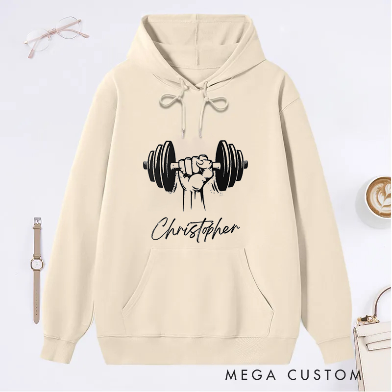 Personalized Fitness Classic Hoodies with Dumbbell Hand Design for Fitness Enthusiasts Bodybuilders and Gym Lovers