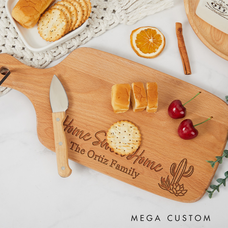 Personalized Home Sweet Home Wooden Cutting Board with Cactus and Custom Family Name for Housewarming Gifts