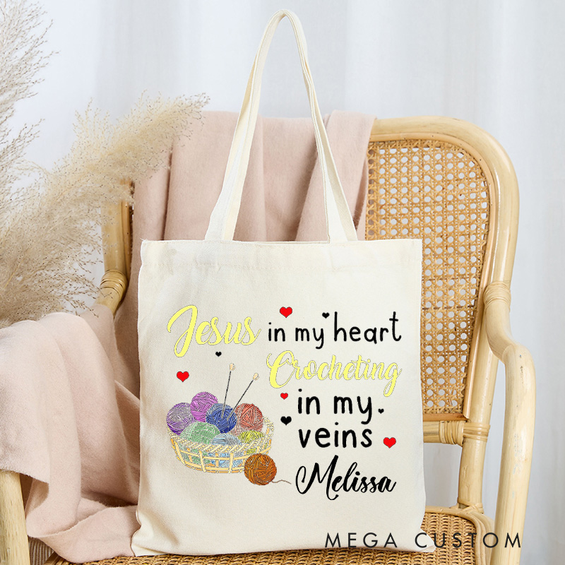 Personalized Jesus In My Heart Crocheting In My Veins Tote Bag Gift for Knitting Lovers