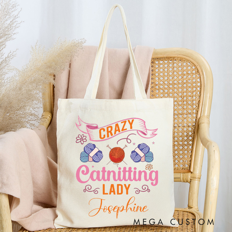 Personalized Crazy Catnitting Lady Tote Bag Crochet Yarn Lovers Gift for Knitting Enthusiasts