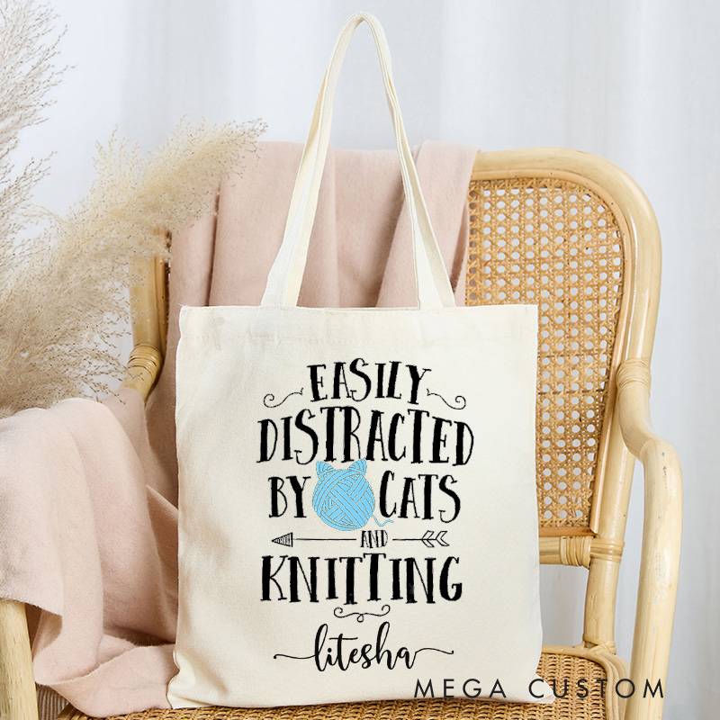 Personalized Easy Distracted By Cats And Knitting Tote Bag Gift for Cat Lovers and Knitting Enthusiasts