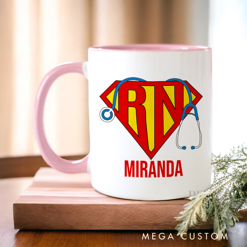 Personalized Nurse Mug Super RN Hero Shield Design Coffee Mug Gift