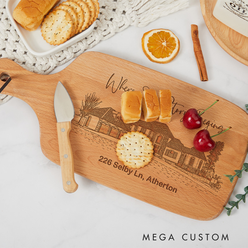 Personalized Hand Drawn Home Story Wooden Cutting Board with Custom Address for Housewarming Keepsake