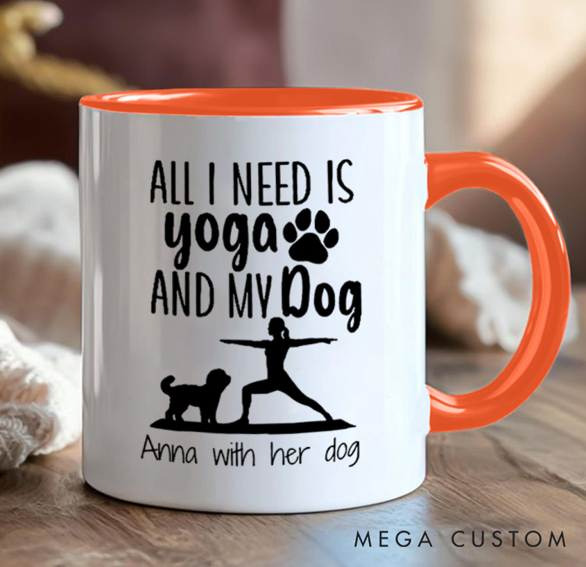 Personalized Yoga Mug with Yoga Pose Silhouettes and Cute Dog Patterns Custom Name Perfect Gift for Yoga Lover and Pet Lover