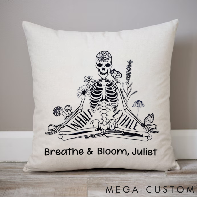 Personalized Skeleton Yoga Pillows with Inhale Exhale Design and Floral Accents Custom Name Yoga Pillows Gift Idea for Yoga Lover