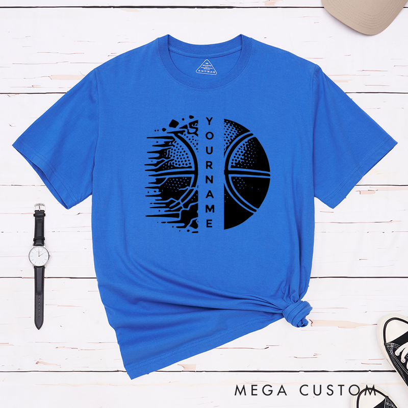 Personalized Basketball T-Shirt Design Featuring Custom Name Split Basketball Graphic with Dynamic Halftone and Shattered Effects