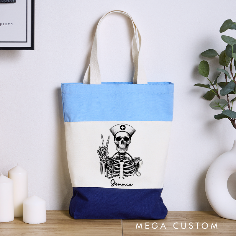 Personalized Nurse Tri Color Canvas Tote Bag Skeleton Nurse with a Stethoscope Gift for Nurse