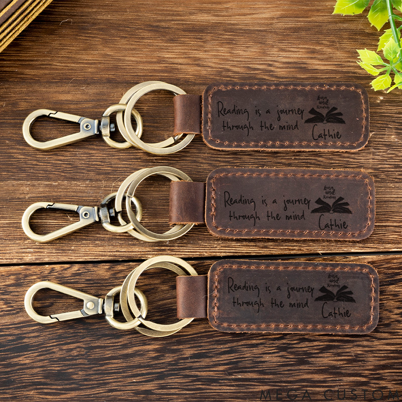 Personalized Reading Is a Journey Through the Mind Keychains Engraved Leather Keychain with Name