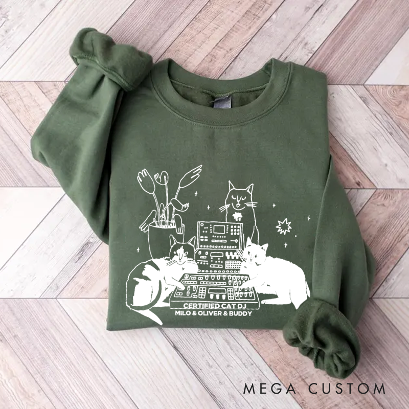 Personalized Classic Sweatshirts with Cat Sitting on Synthesizer and DJ Cat Illustration and Available in Multiple Colors