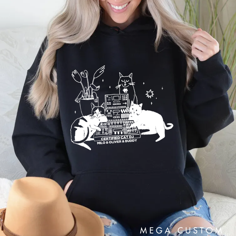 Personalized Classic Hoodies with Cat Sitting on Synthesizer and DJ Cat Illustration and Available in Multiple Colors