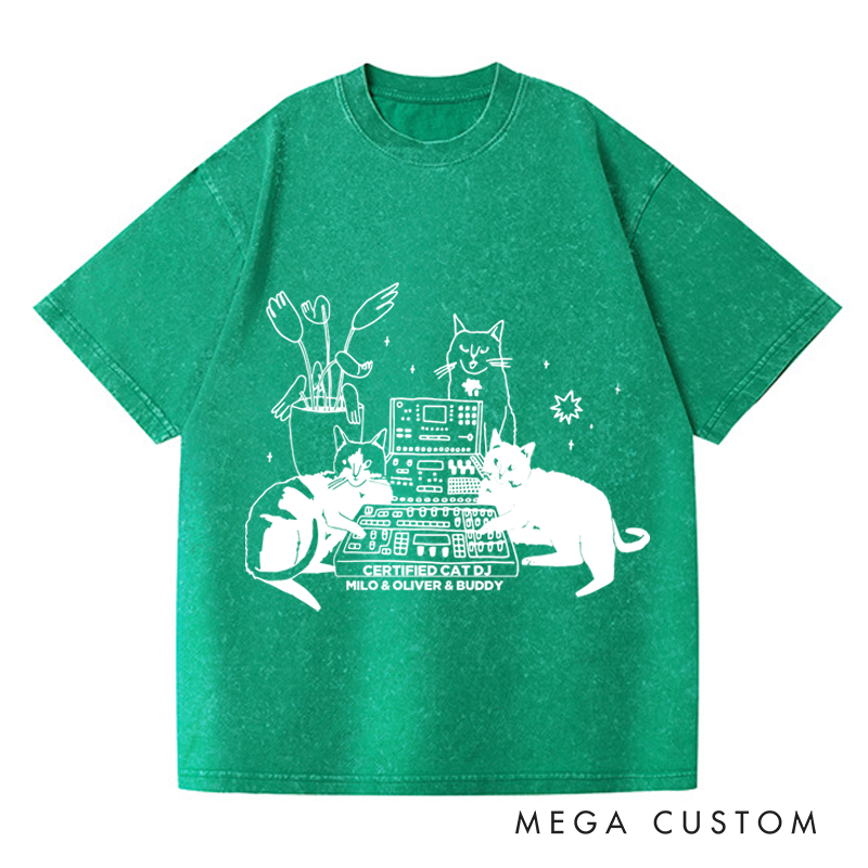 Personalized Washed T-Shirts with Cat Sitting on Synthesizer and DJ Cat Illustration and Available in Multiple Colors
