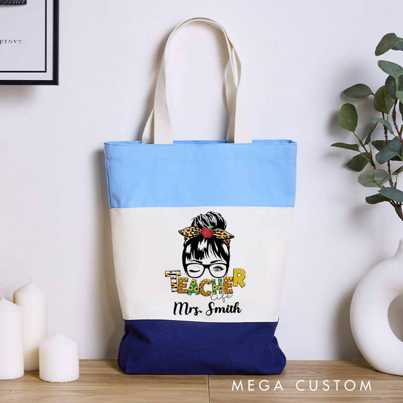 Personalized Teacher Tri Color Canvas Tote Bag Illustration of a Winking Teacher with Glasses Gift for Teachers