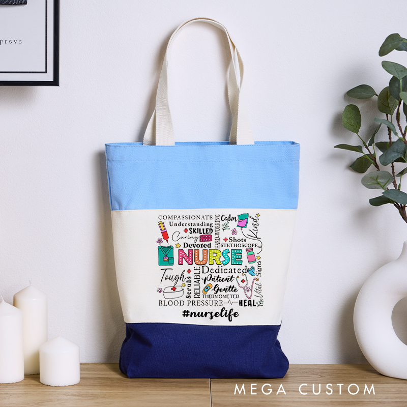 Personalized Nurse Tri Color Canvas Tote Bag Nursing Related Words and Illustrations Tote Bag Appreciation Gift for Nurse
