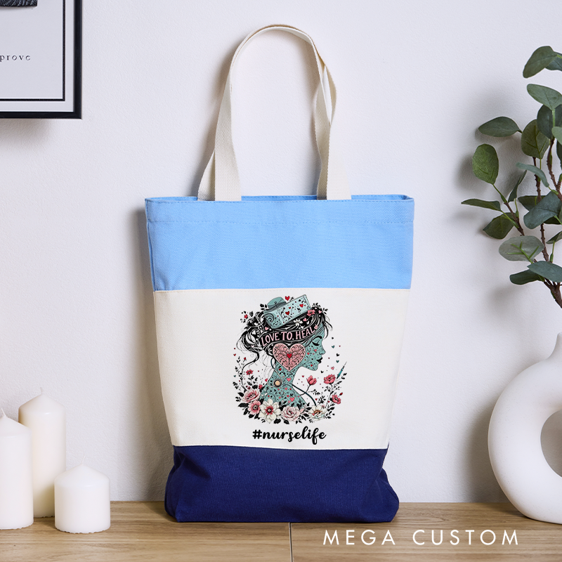 Personalized Nurse Tri Color Canvas Tote Bag Love to Heal Tote Bag Appreciation Gift for Nurse