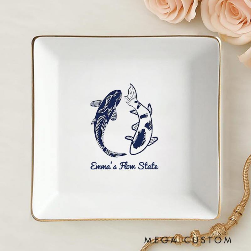 Personalized Ring Dishes with Elegant Koi Fish Design and Gold Trim Perfect for Yoga Lovers, Home Décor, Jewelry Storage, or Unique Gift
