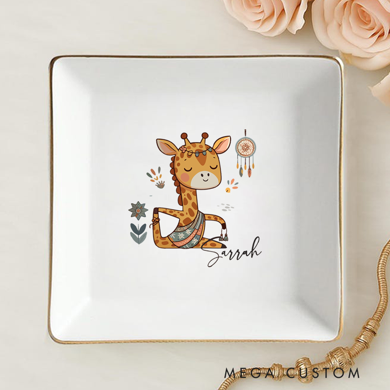 Personalized Ring Dishes with Cute Boho Giraffe Design and Gold Trim Perfect for Yoga Lovers, Home Décor, Jewelry Storage, or Unique Gift