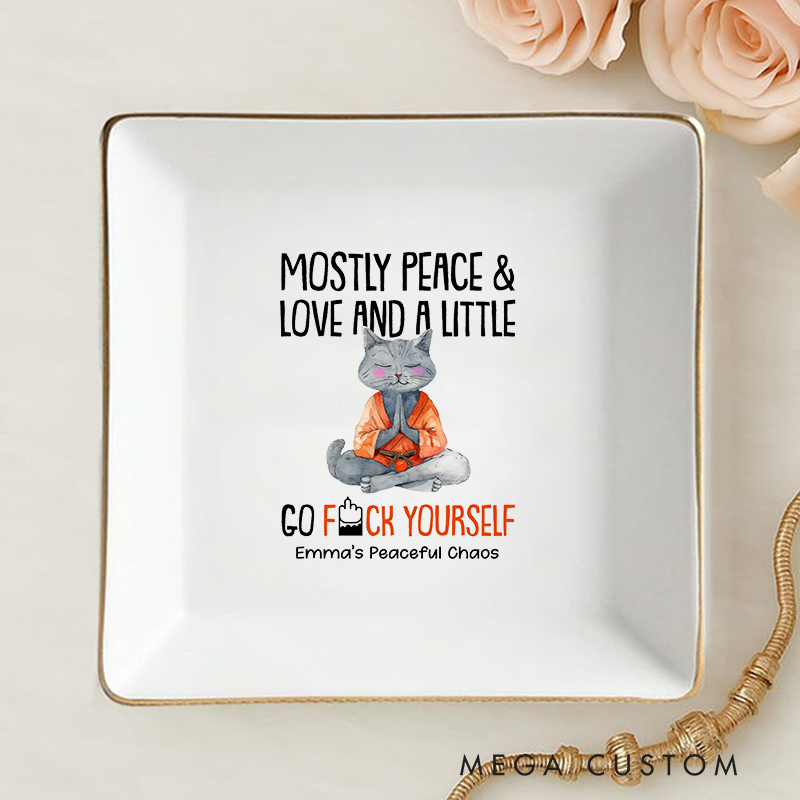 Personalized Ring Dishes with Funny Yoga Cat Design and Gold Trim Perfect for Yoga Lovers, Home Décor, Jewelry Storage, or Unique Gift