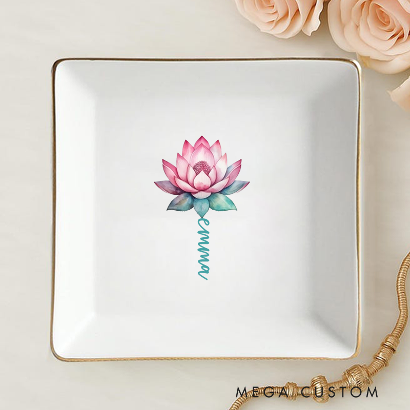 Personalized Ring Dishes with Elegant Lotus Flower Design and Gold Trim Perfect for Yoga Lovers, Home Décor, Jewelry Storage, or Unique Gift
