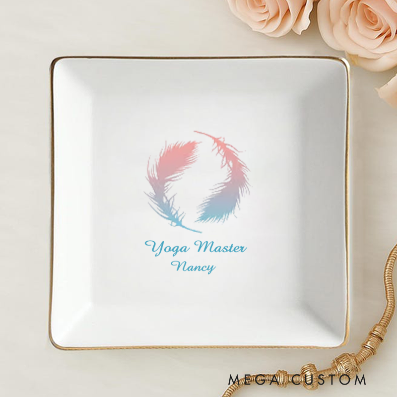 Personalized Ring Dishes with Elegant Feather Design and Gold Trim Perfect for Yoga Lovers, Home Décor, Jewelry Storage, or Unique Gift