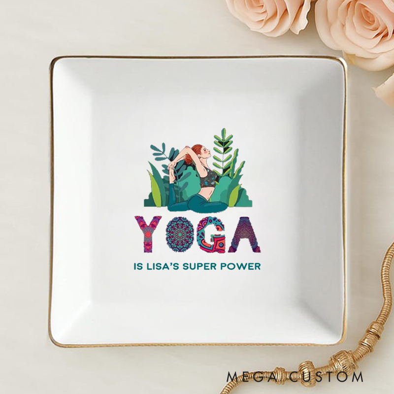 Personalized Ring Dishes with Yoga-Themed Design and Gold Trim Perfect for Yoga Lovers, Home Décor, Jewelry Storage, or Unique Gift