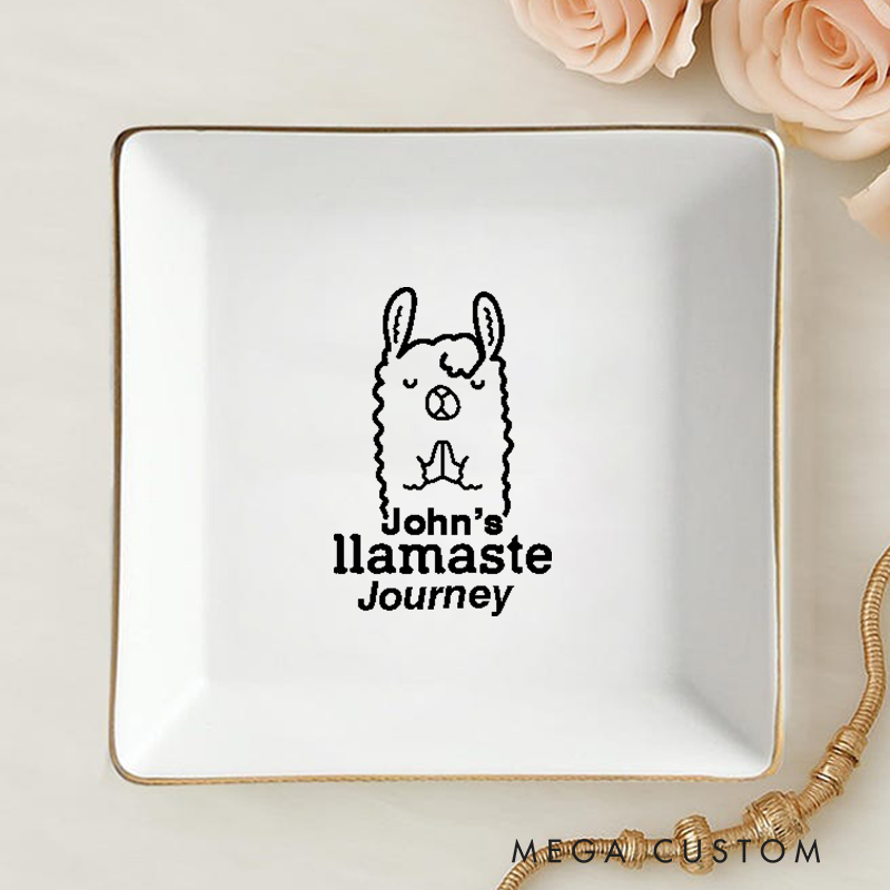 Personalized Ring Dishes with Funny Llama Yoga Design and Gold Trim Perfect for Jewelry Storage, Home Décor, or Unique Gift for Yoga Lovers