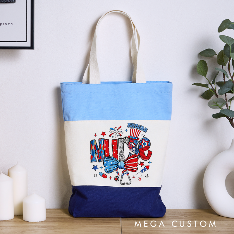 Personalized Nurse Tri Color Canvas Tote Bag Enhanced with Festive Elements Design Gift for Nurse