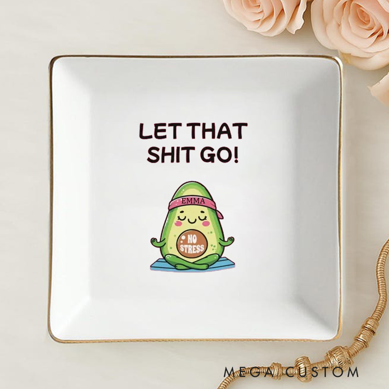Personalized Ring Dishes with Funny Avocado Yoga Design and Gold Trim Perfect for Jewelry Storage, Home Décor, or Unique Gift for Yoga Lovers