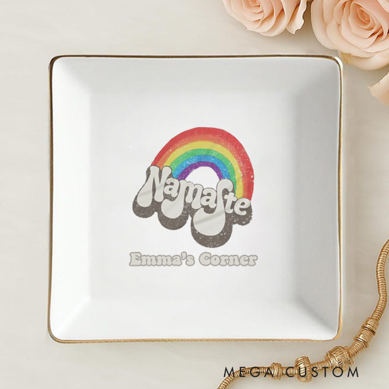Personalized Ring Dishes with Vibrant Rainbow Namaste Design and Gold Trim Perfect Gift for Jewelry Storage, Home Décor, or Unique Gift for Yoga Lover