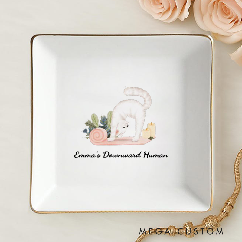 Personalized Ring Dishes with Adorable Yoga Cat Design and Gold Trim Perfect Gift for Jewelry Storage, Home Décor or Unique Gift for Cat and Yoga Lover
