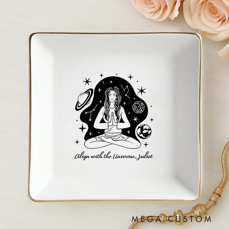 Personalized Ring Dishes with Cosmic Meditation Design and Gold Trim Perfect Gift for Jewelry Storage, Home Décor or Unique Gift for Yoga Lover