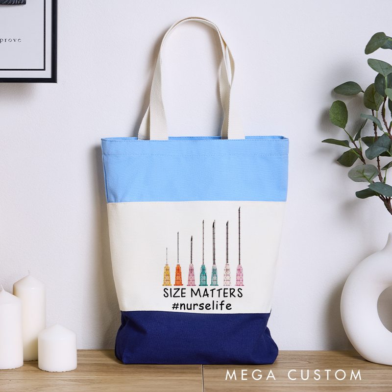 Personalized Nurse Tri Color Canvas Tote Bag Size Matters Colorful Syringe Needles Design Gift for Nurse