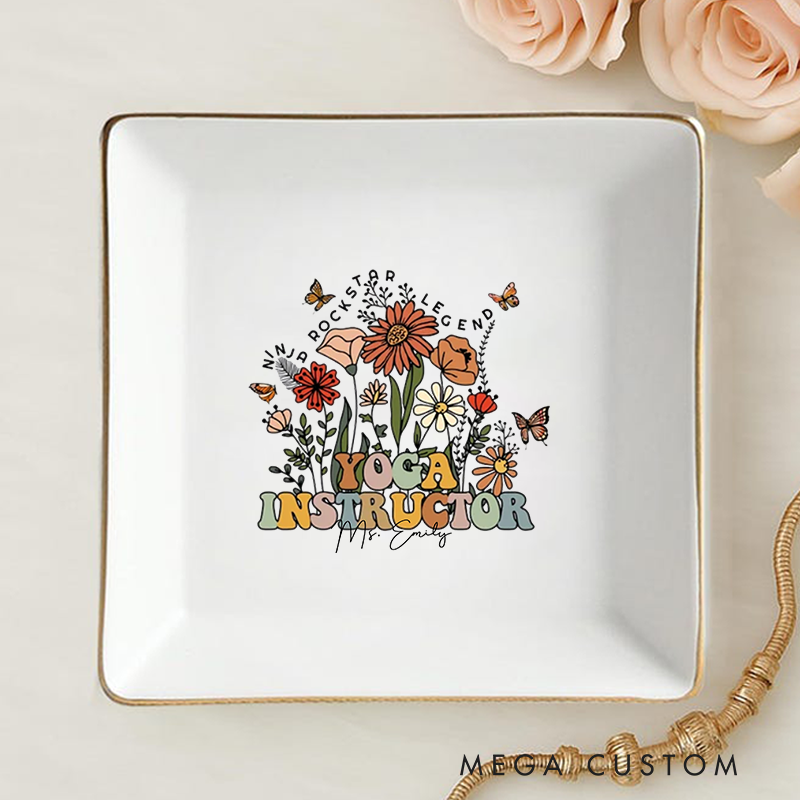 Personalized Ring Dishes with Floral Yoga Instructor Design and Gold Trim Perfect Gift for Jewelry Storage, Home Décor or Unique Gift for Yoga Lover