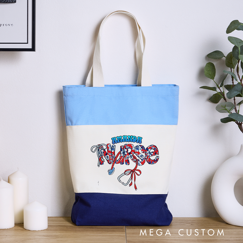 Personalized Nurse Tri Color Canvas Tote Bag Stethoscopes Tied with Delicate Bows Design Gift for Nurse