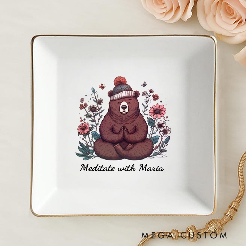 Personalized Ring Dishes with Adorable Meditating Bear Design and Gold Trim Perfect Gift for Jewelry Storage, Home Décor or Unique Gift for Yoga Lover