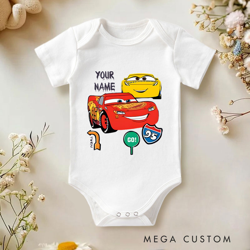 Personalized Cars Themed Design with Lightning McQueen and Cruz Ramirez Baby Onesie