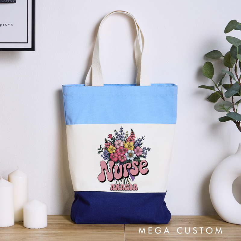 Personalized Nurse Tri Color Canvas Tote Bag a Vibrant Bouquet of Colorful Flowers Gift for Nurse
