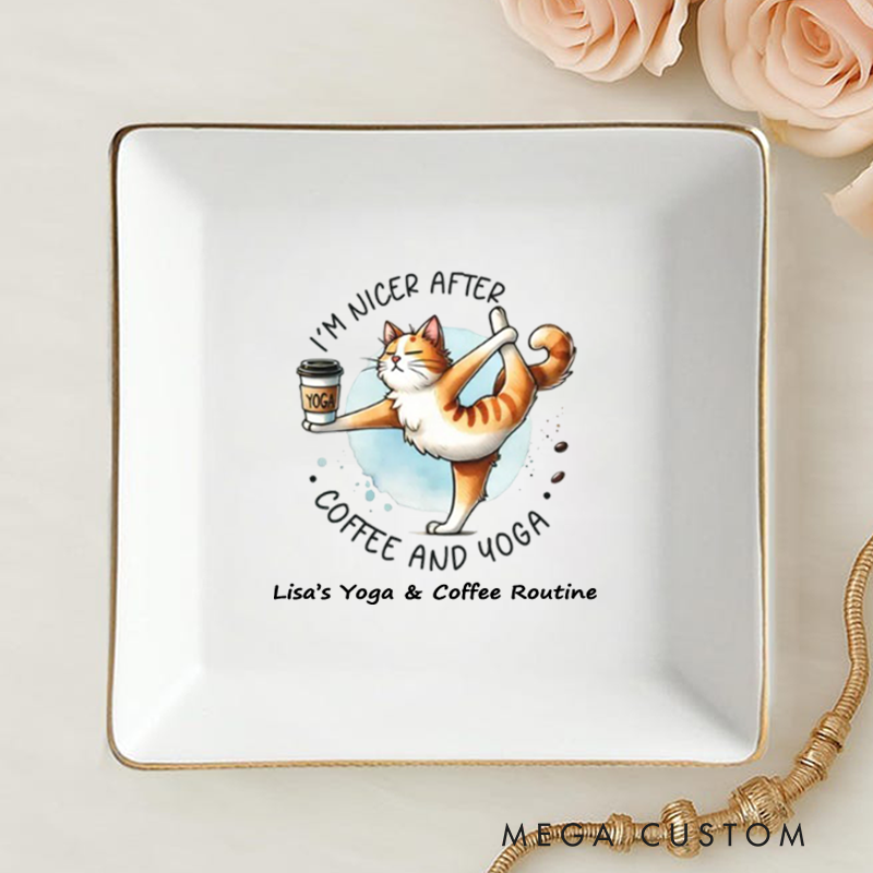 Personalized Ring Dishes with Funny Yoga Cat and Coffee Design Perfect Gift for Jewelry Storage, Home Décor or Unique Gift for Yoga Lover