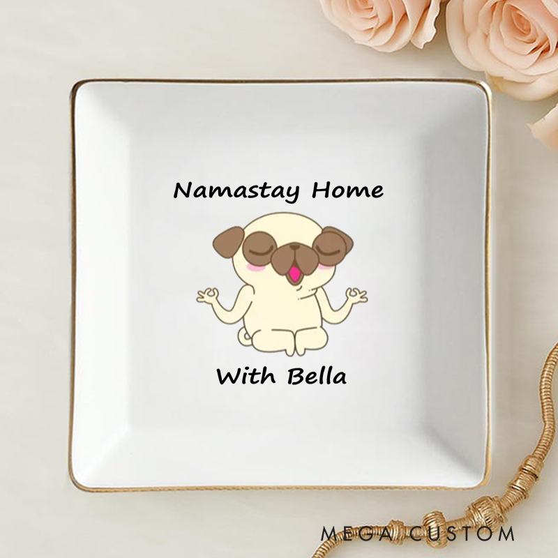 Personalized Ring Dishes with Cute Meditating Dog Design and Gold Trim Perfect Gift for Jewelry Storage, Home Décor or Unique Gift for Yoga Lover