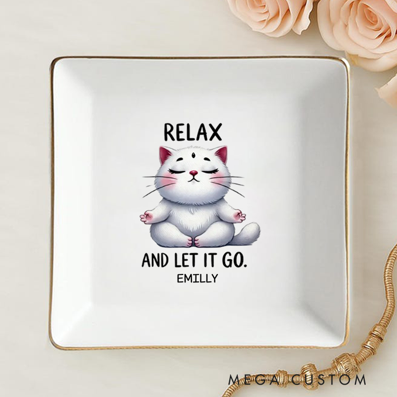 Personalized Ring Dishes with Relaxing Meditating Cat Design and Gold Trim Perfect Gift for Jewelry Storage, Home Décor or Unique Gift for Yoga Lover