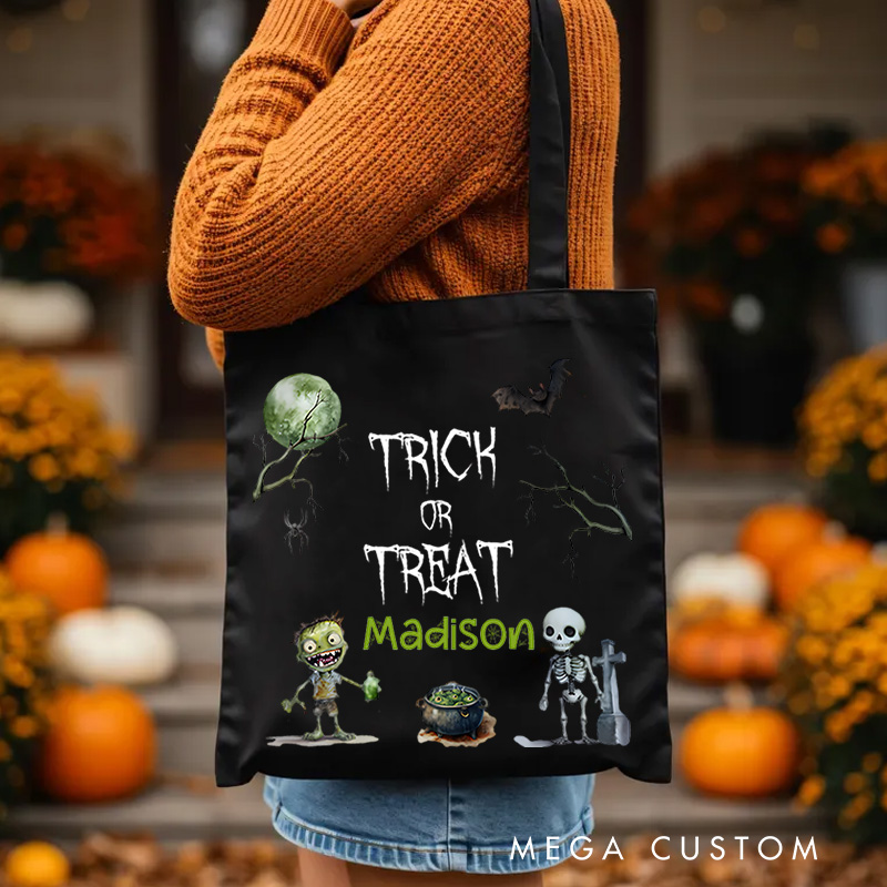 Personalized Trick or Treat Illustration Featuring Skeleton Bat and Name for a Creepy Halloween Decoration Tote Bag