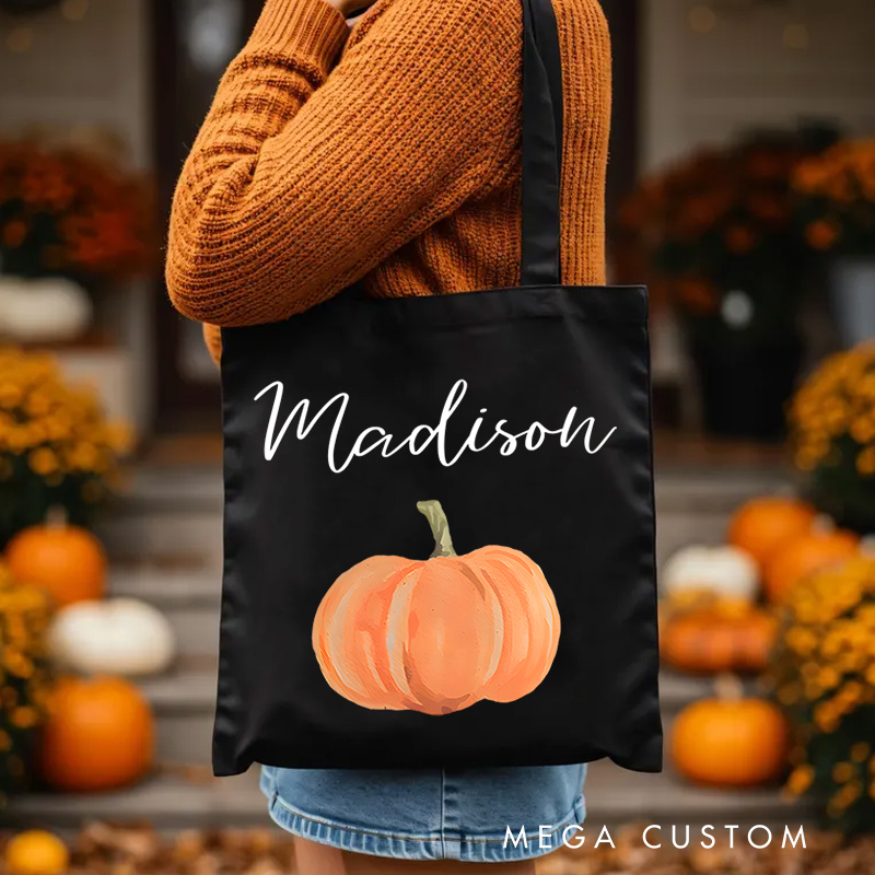 Personalized Pumpkin Illustration Featuring Name for a Festive and Autumn Inspired Halloween Accent Tote Bag