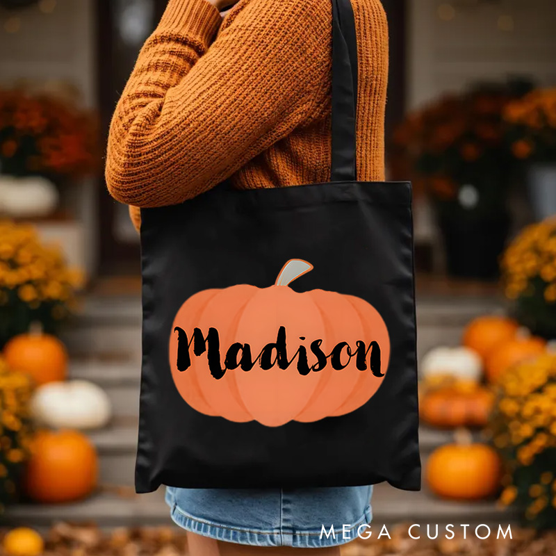 Personalized Pumpkin Illustration Featuring Name with Bold Lettering for a Fun Halloween Celebration Tote Bag