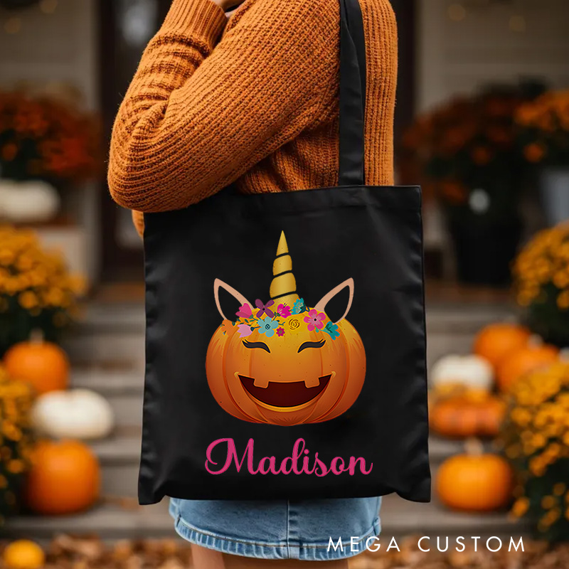 Personalized Pumpkin Illustration with Floral Crown Featuring Name for a Unique Halloween Accent Tote Bag