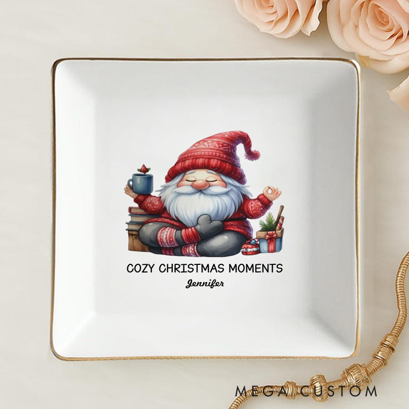 Personalized Ring Dishes with Festive Santa Meditation Design and Gold Trim Perfect Gift for Jewelry Storage, Home Décor or Unique Gift for Yoga Lover
