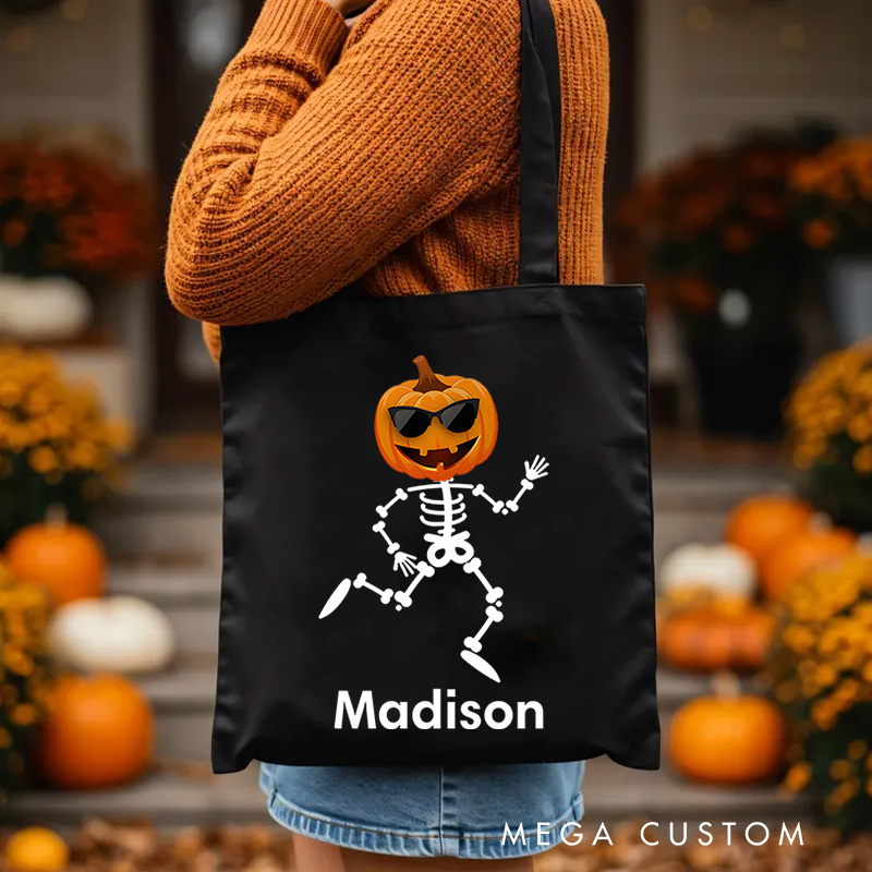 Personalized Skeleton Illustration with Pumpkin Head Featuring Name for a Playful Halloween Accent Tote Bag