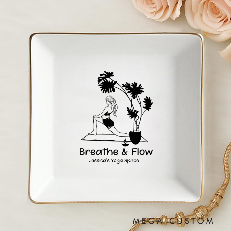 Personalized Ring Dishes with Minimalist Yoga Design and Gold Trim Perfect Gift for Jewelry Storage, Home Décor or Unique Gift for Yoga Lover
