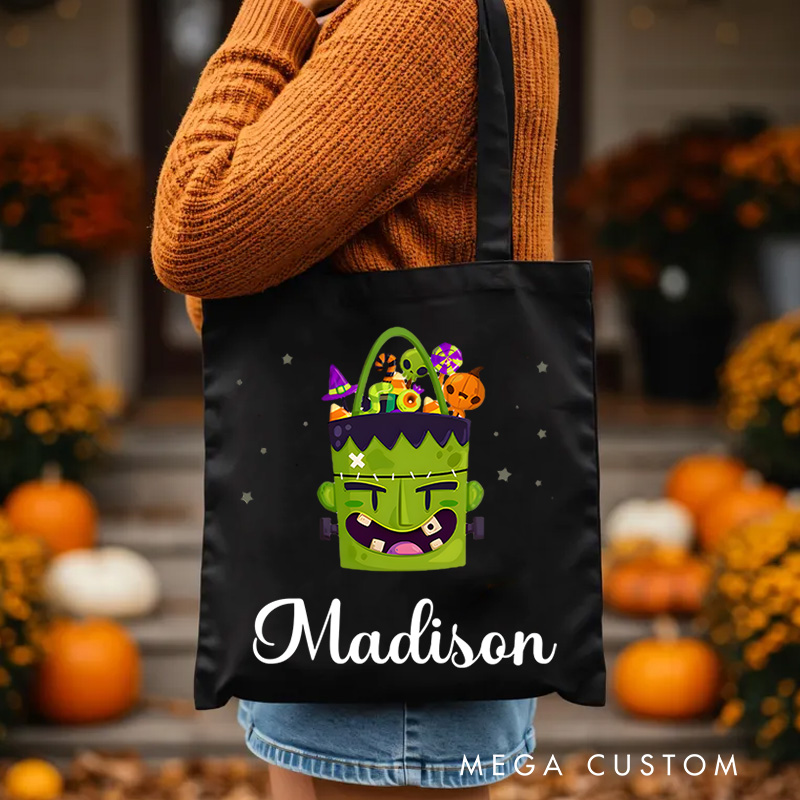 Personalized Frankenstein Illustration Featuring Name for a Fun and Spooky Halloween Celebration Tote Bag