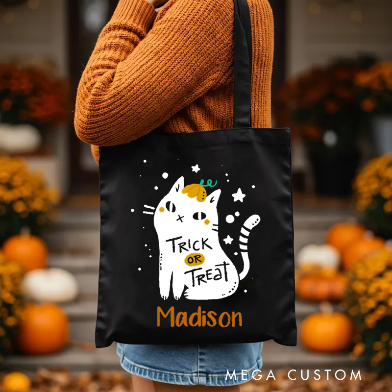 Personalized Black Cat Trick or Treat Illustration Featuring Name for a Cute and Spooky Halloween Accent Tote Bag