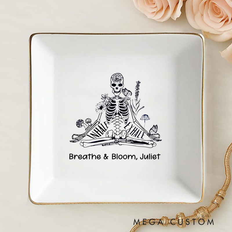 Personalized Ring Dishes with Skeleton Meditation Design and Gold Trim Perfect Gift for Jewelry Storage, Home Décor or Unique Gift for Yoga Lover